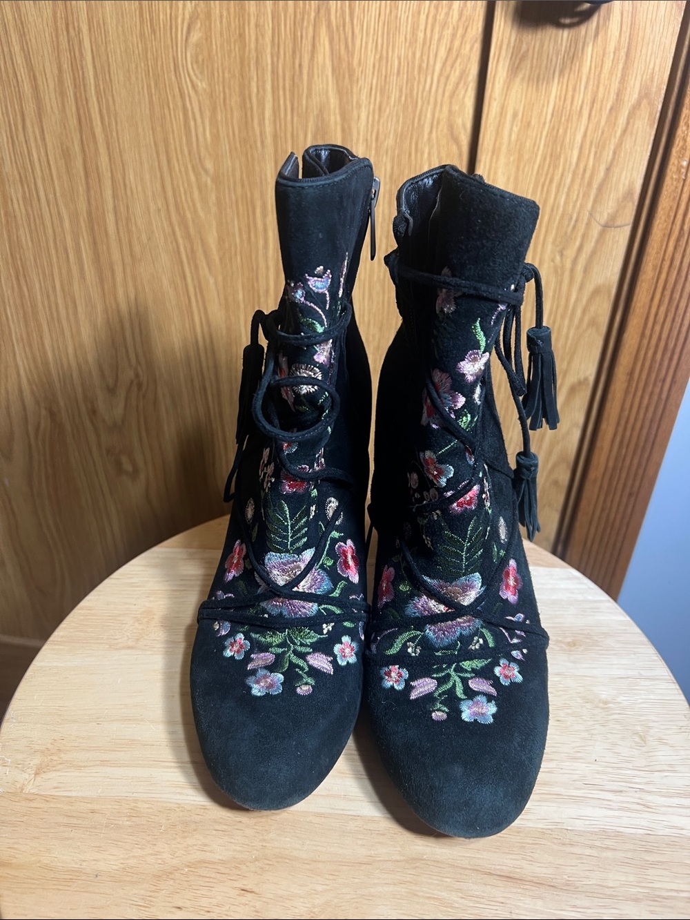 Sam Edelman Black Suede Lace-Up Ankle Boots with Pink & Green Floral Embroidery